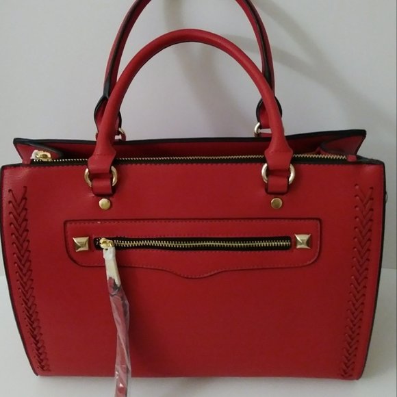 La Terre Fashion Handbags - Vegan Tote Red Handbag Double Handle Gold Tone